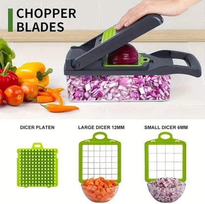 Vegetable Chopper and Slicer Set, 16-in-1 Kitchen Mandoline with Container, Adjustable Blades for Onion, Tomato, Carrot