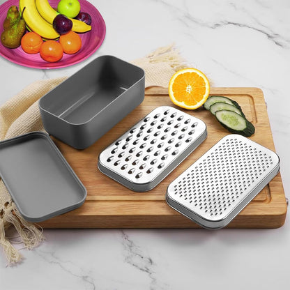 Cheese grater with container and lid - Vegetable & Fruit Multifunctional Stainless Steel Kitchen Utensils Set with Dark Grey Food Plastic Storage Stable Box - Hand Chopper Grater