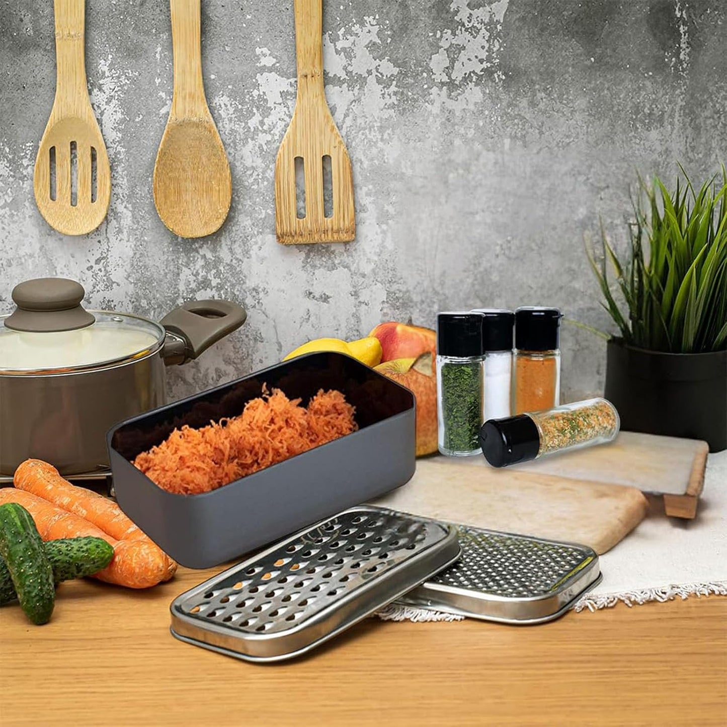 Cheese grater with container and lid - Vegetable & Fruit Multifunctional Stainless Steel Kitchen Utensils Set with Dark Grey Food Plastic Storage Stable Box - Hand Chopper Grater