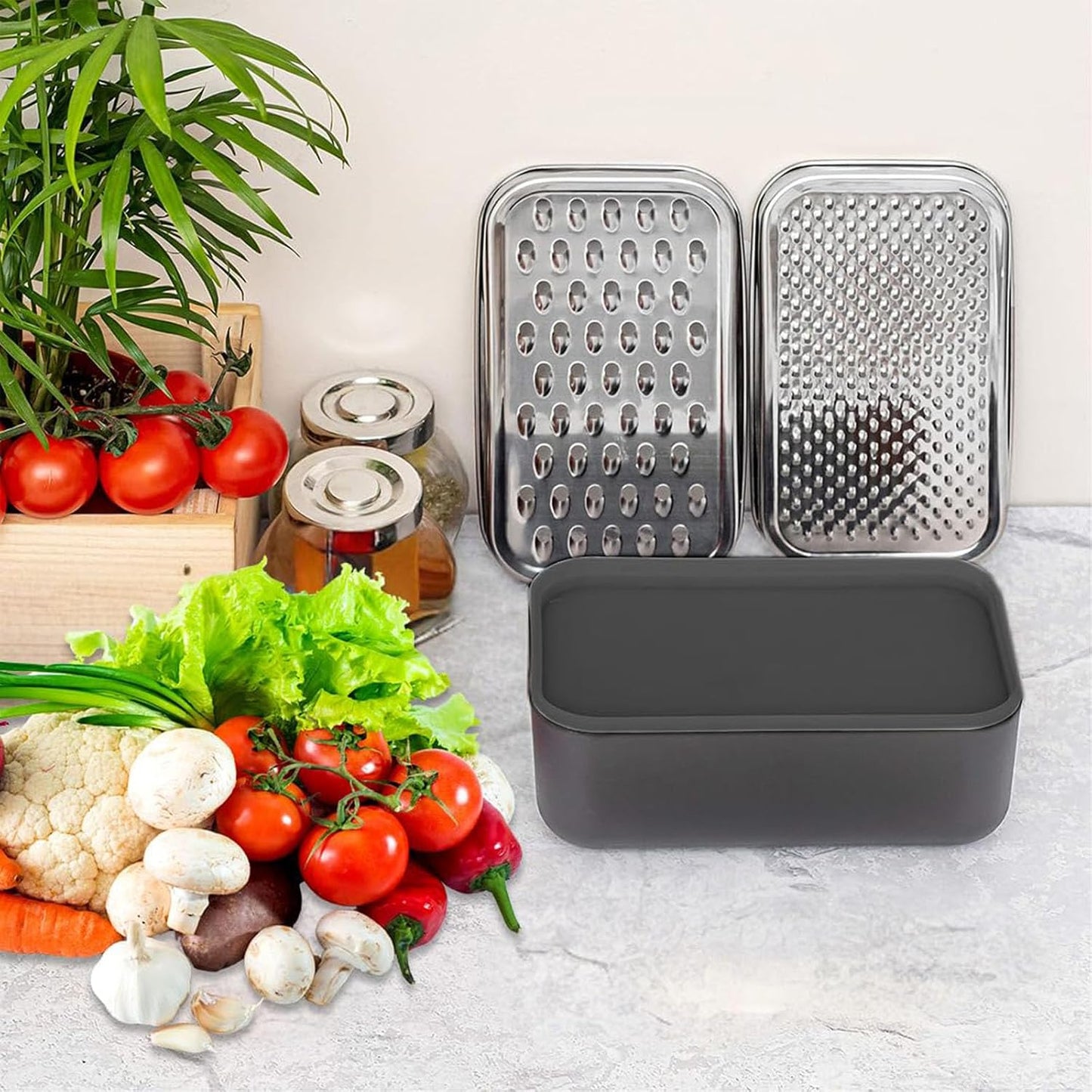 Cheese grater with container and lid - Vegetable & Fruit Multifunctional Stainless Steel Kitchen Utensils Set with Dark Grey Food Plastic Storage Stable Box - Hand Chopper Grater